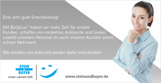 Grafik, die eine Kundenaussage zu BodyLux des Sanitätshauses Stein & Bayer zeigt.